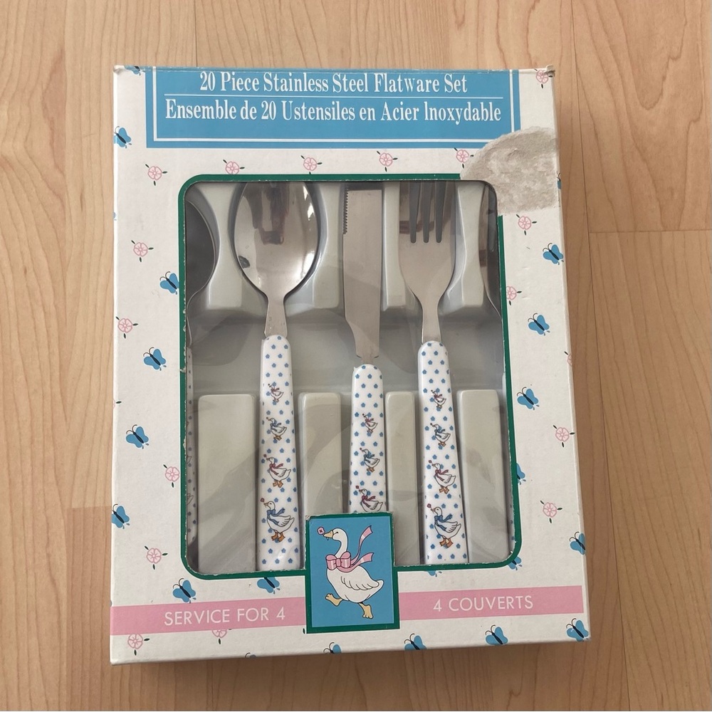 1980s Country Goose Flatware Set of 19 Blue Ribbon Vintage Geese Ducks Cutlery
